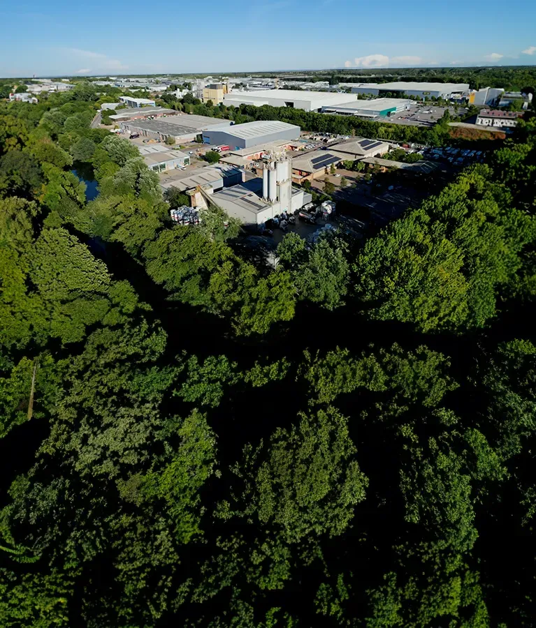 Aerial overview of a warehouse complex